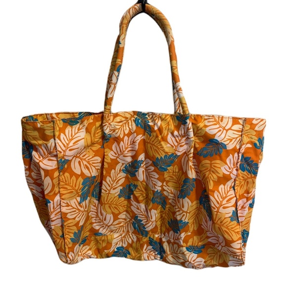 Tropical Floral Print Tote Bag, Orange and Blue - Picture 1 of 9